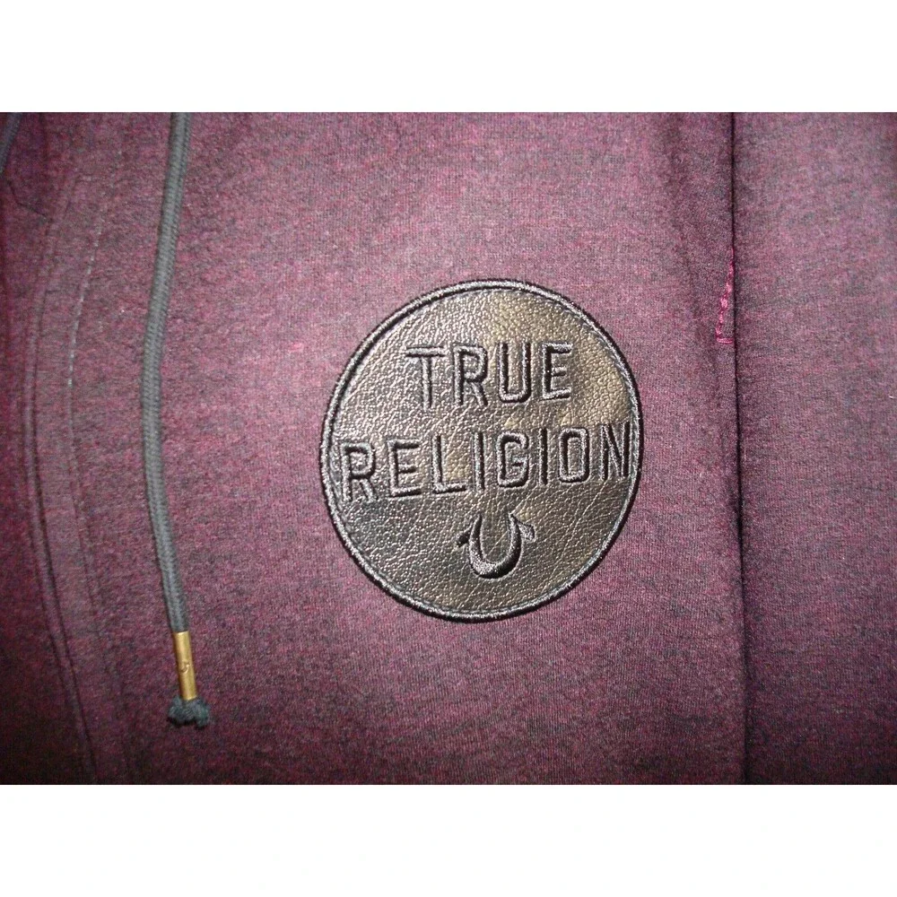New NWT $248 XL Mens Zip Hoodie Jacket Leather Logo Patch Dark Red True Religion